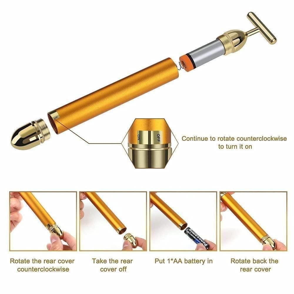 24K Gold Facial Beauty Bar – Anti-Aging Vibrating Face Roller for Toning, Lifting & Relaxation